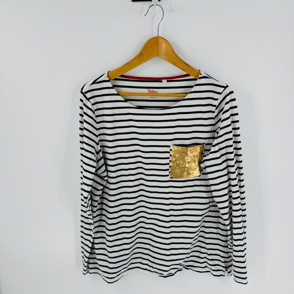 Boden Navy White Breton Striped  Sequin Pocket‎ T-Shirt Size 14 Nautical Preppy